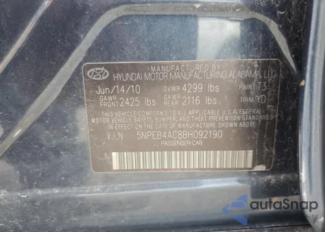 2011 Hyundai Sonata Gls from USA, damaged, VIN 5NPEB4AC8BH092190